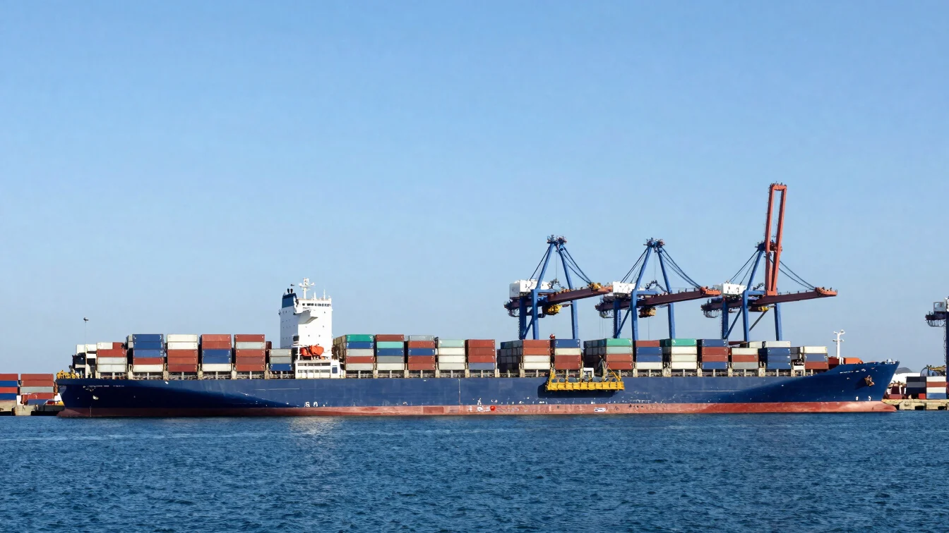 Wide panoramic view of a large container ship docked at a commercial port, cranes actively loading containers, deep blue