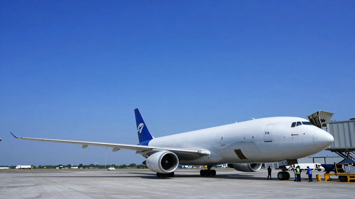 Wide panoramic view of a cargo plane being loaded at an air freight terminal, ground crew working, deep blue marine tone