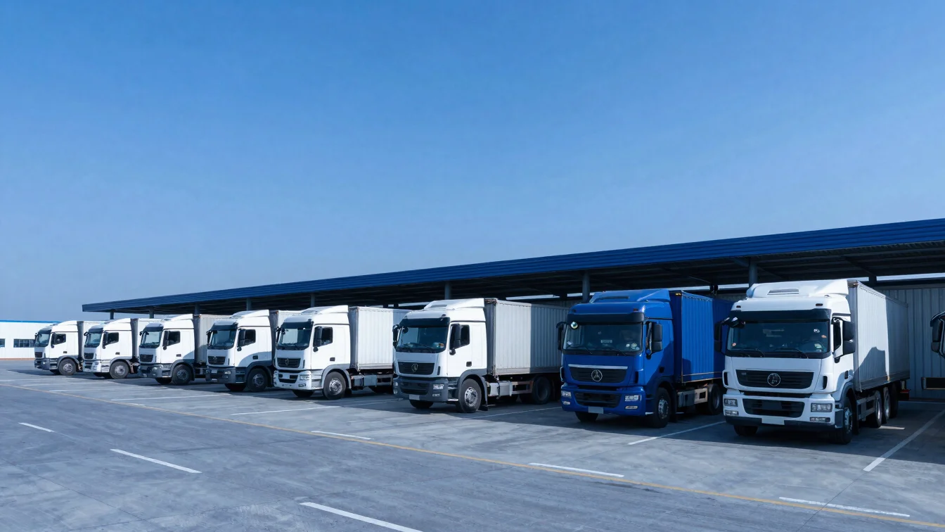 Wide panoramic view of a customs inspection area with trucks and cargo, clear industrial setting, deep blue marine tones