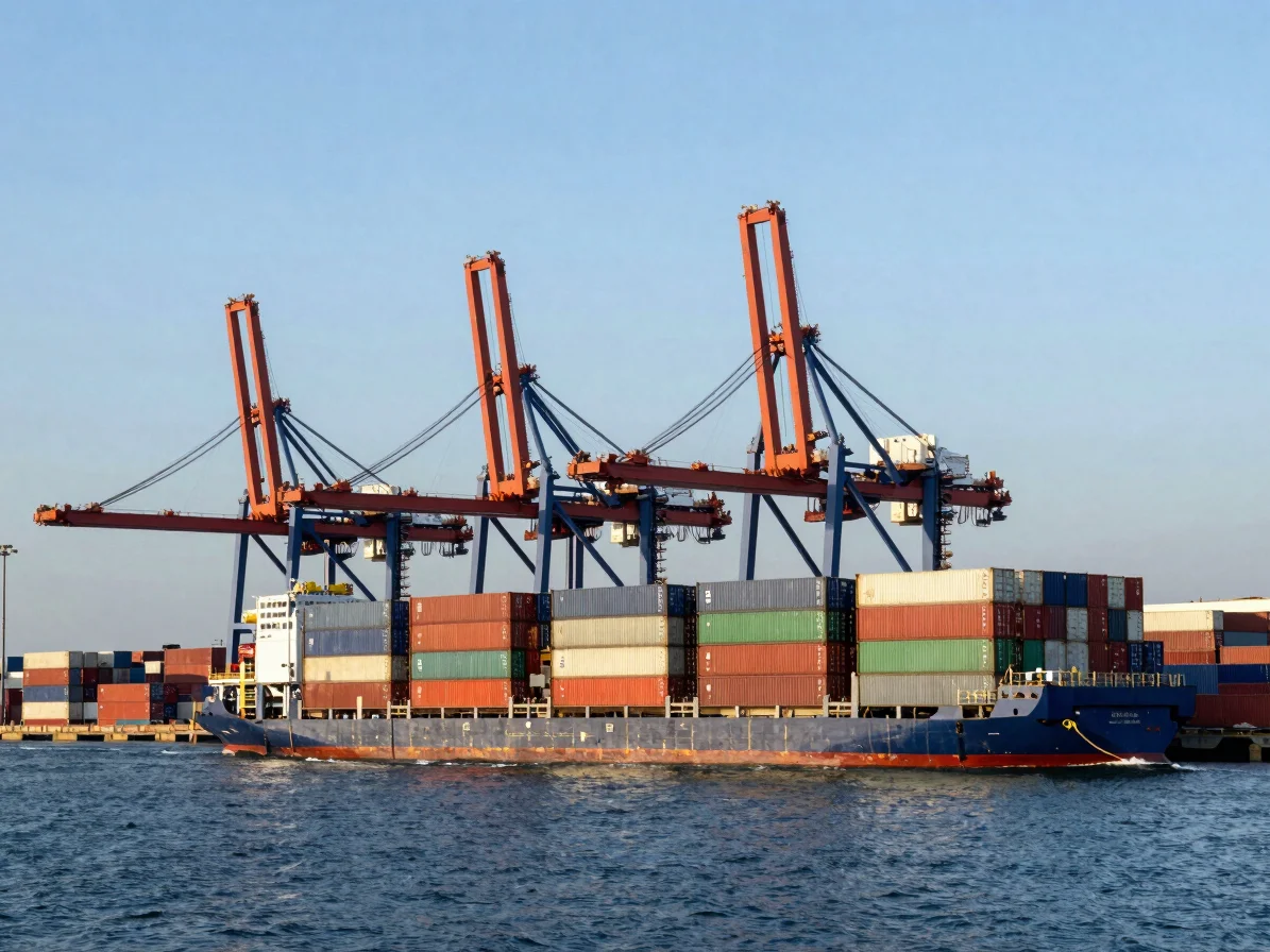 Gran buque portacontenedores navegando en un puerto industrial al atardecer, con grúas de carga en el fondo, plano panor