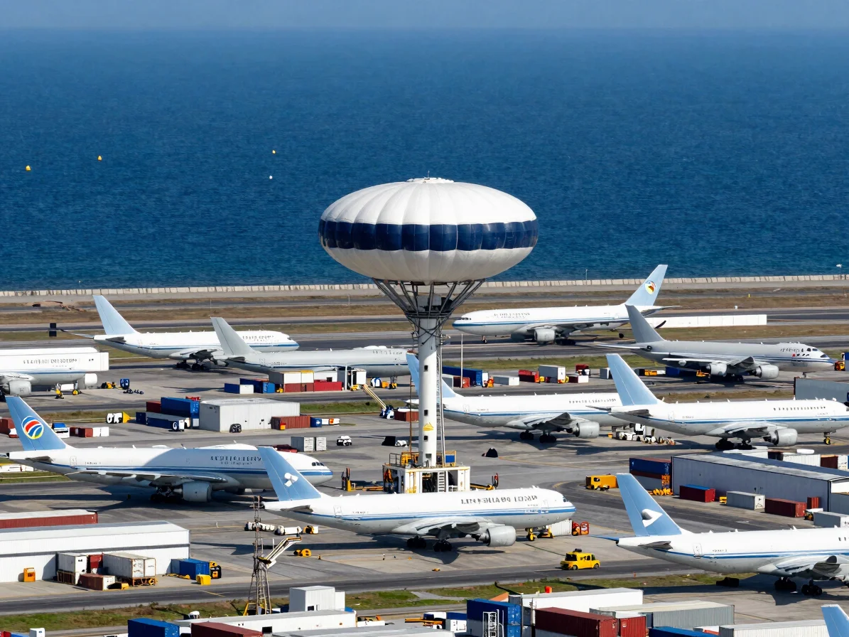 Terminal de carga aérea con aviones de carga y contenedores, vista amplia desde el aire en un día soleado, alta claridad