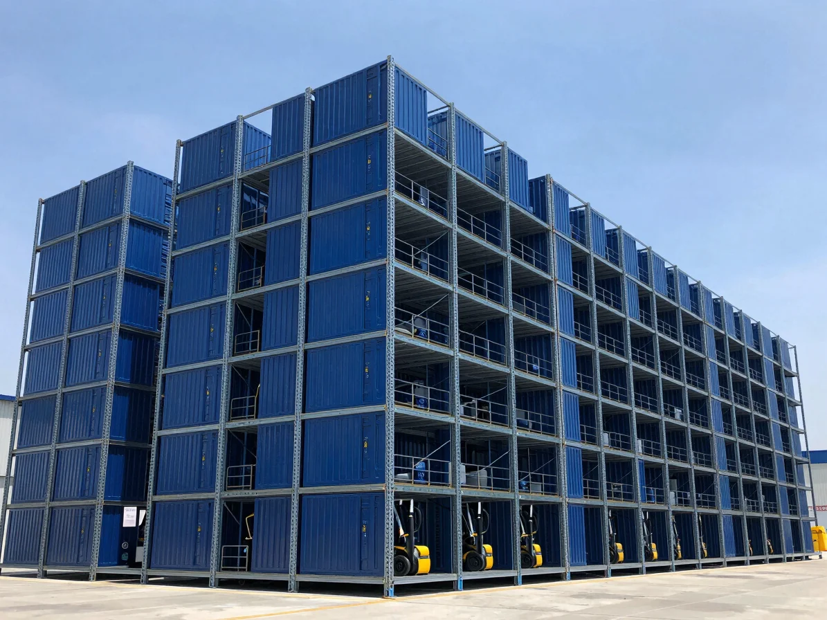 Centro de distribución logística con estanterías altas y montacargas, enfoque en la eficiencia y organización, luz diurn