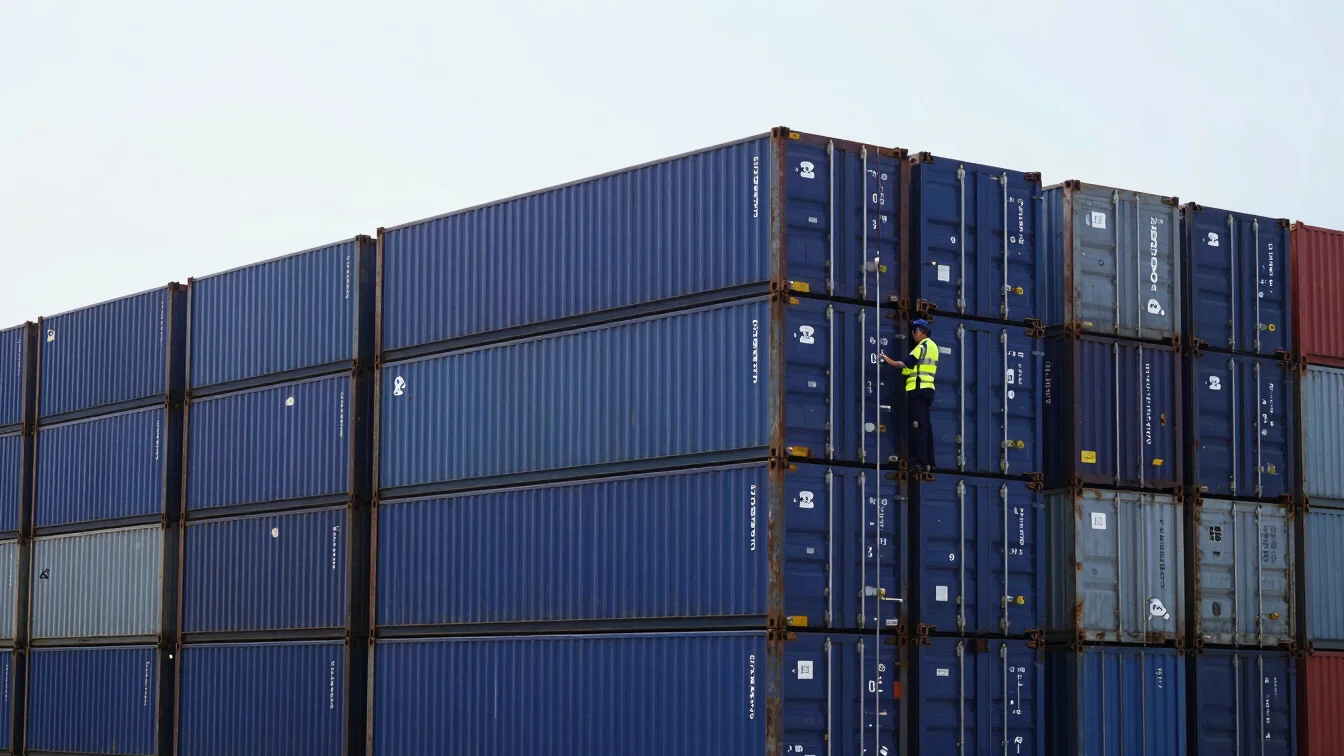 Customs officer inspecting cargo at a bustling port, industrial corporate logistics photography, deep blue marine tones,