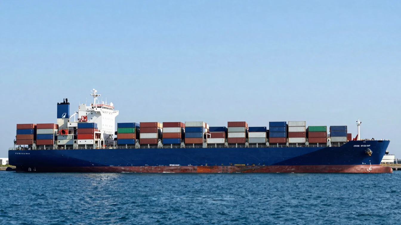 Panoramic view of a container ship being loaded at a large commercial port, industrial corporate logistics photography,