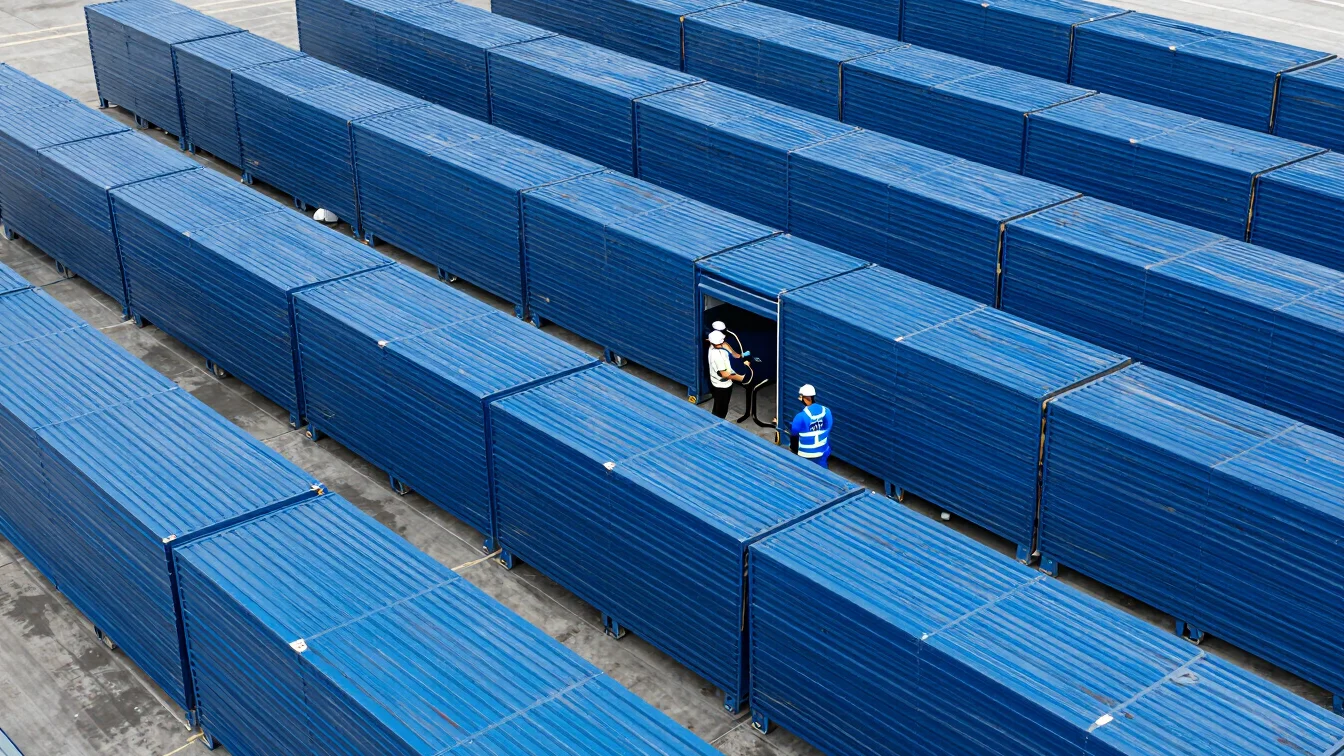 Logistics team collaborating in a modern distribution center, industrial corporate logistics photography, deep blue mari