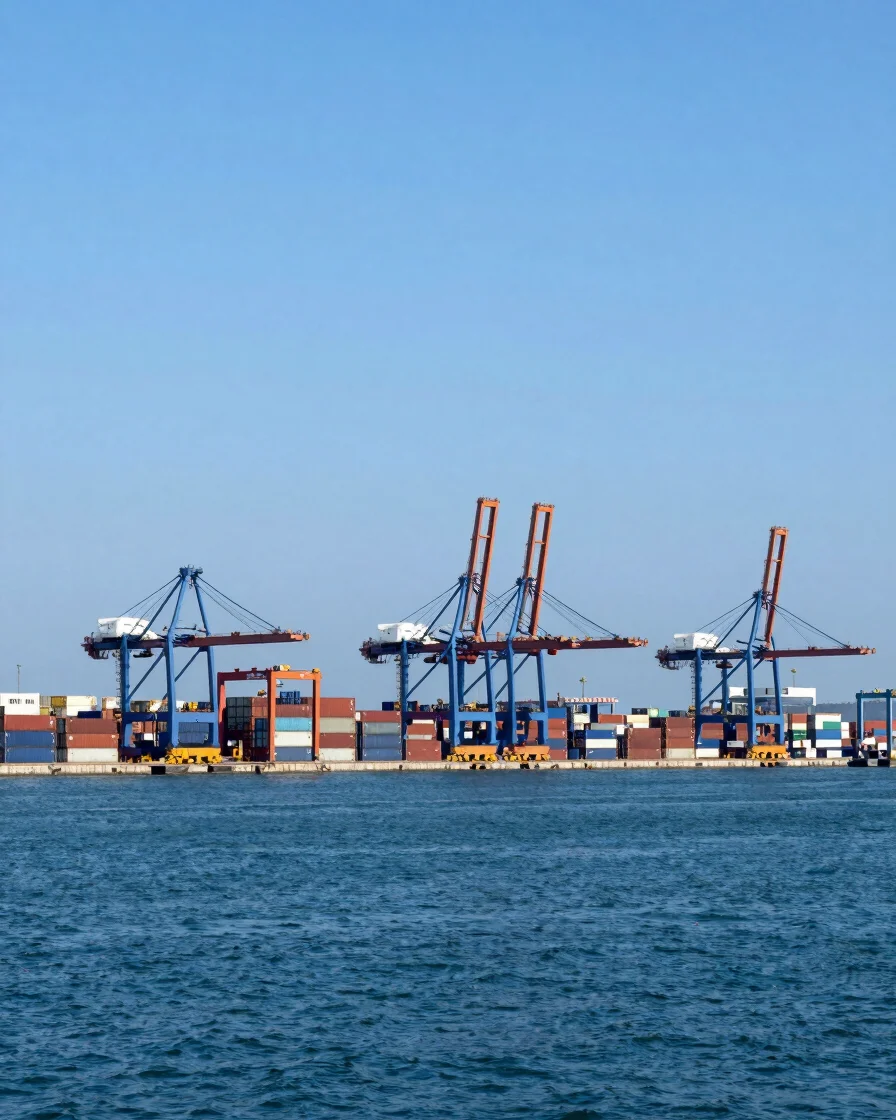 Panoramic wide view of an ocean container terminal with stacked freight containers and gantry cranes under clear dayligh
